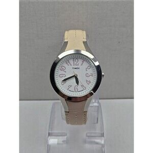 Timex Easy Reader T2H531 Womens White Pink Leather Watch Indiglo New Battery